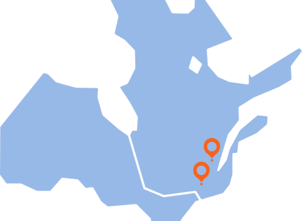 Carte du Québec et de l’Ontario indiquant l’emplacement de Montréal et de Québec 