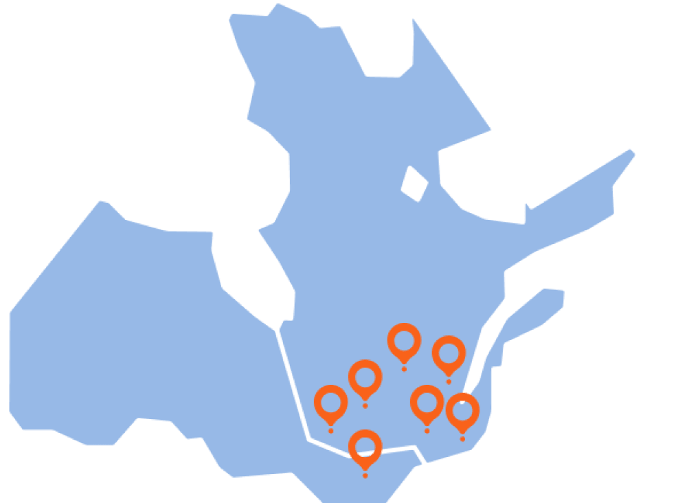 Map of Québec and Ontario with RénoAssistance locations marked