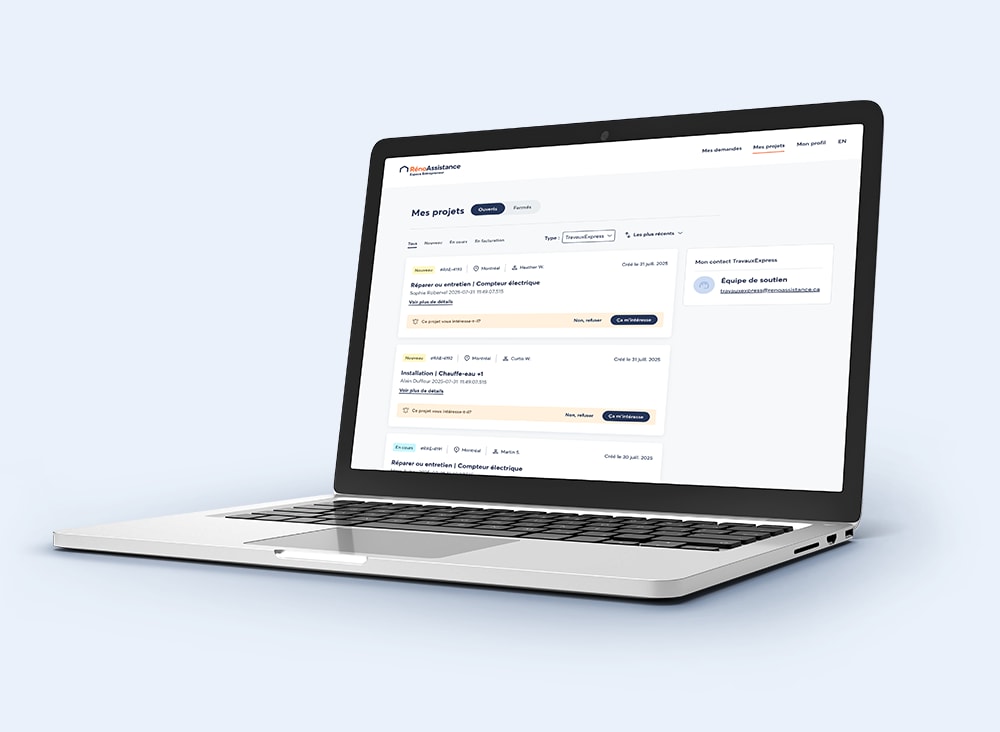 Un ordinateur portable affiche une page web intitulée "Mes projets", avec une liste de projets comprenant leur nom, leur statut et des boutons d'action comme "Voir plus" et "En cours".