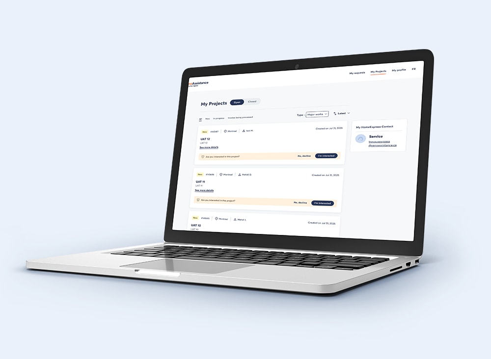 A laptop displays a web page titled “My Projects,” with a list of projects including their names, statuses, and action buttons such as “See More” and “In Progress.”