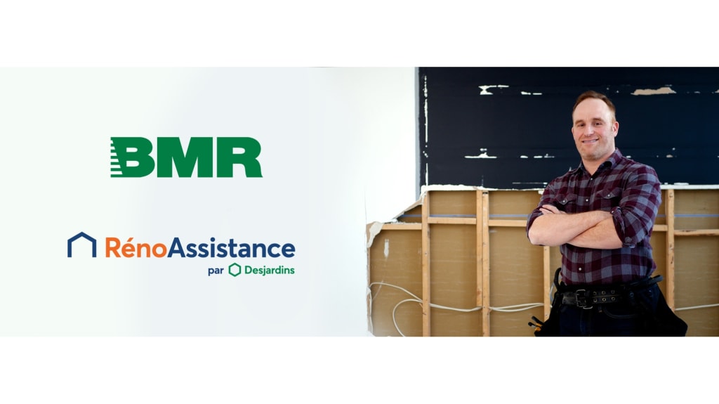 Logos de RénoAssistance et BMR avec un entrepreneur ayant les bras croisés