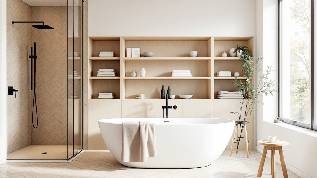 Modern bathroom with a pale oak vanity and an Italian shower