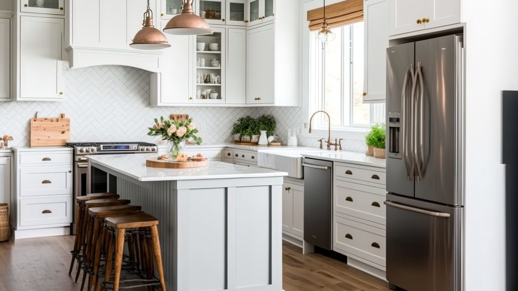 Cuisine farmhouse avec des armoires Shaker blanches, un dosseret à carreaux en chevrons, un îlot gris, des tabourets patinés en bois, deux luminaires industriels en cuivre et un réfrigérateur en acier inoxydable