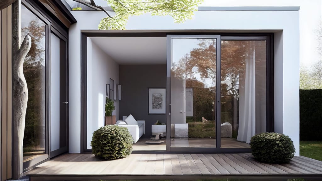 Portes-fenêtres à cadre noir, séparant un patio en bois et un salon minimaliste