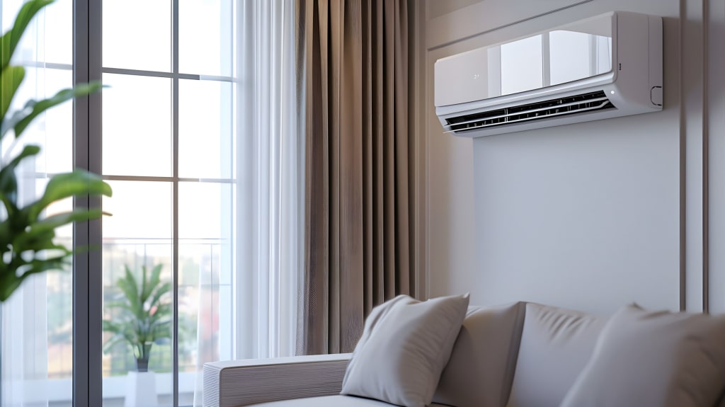 Wall-mounted air conditioner above a mushroom-colored sofa, in a windowed living room
