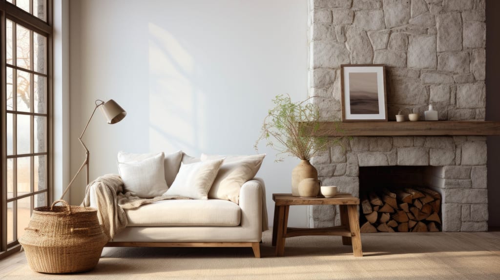 Fauteuil beige et foyer en pierres dans un salon lumineux