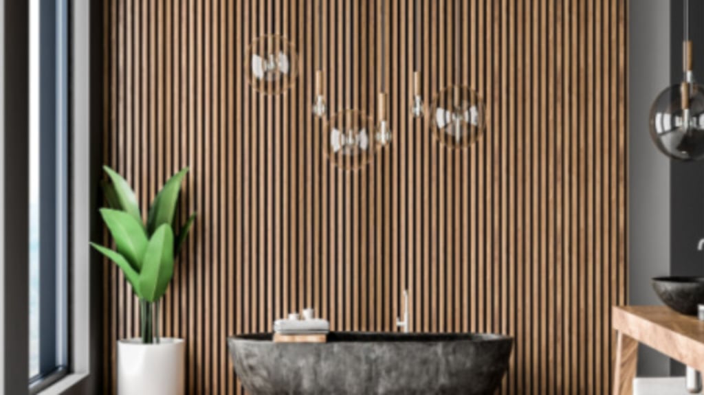 luxurious bathroom with wood details and stone bath