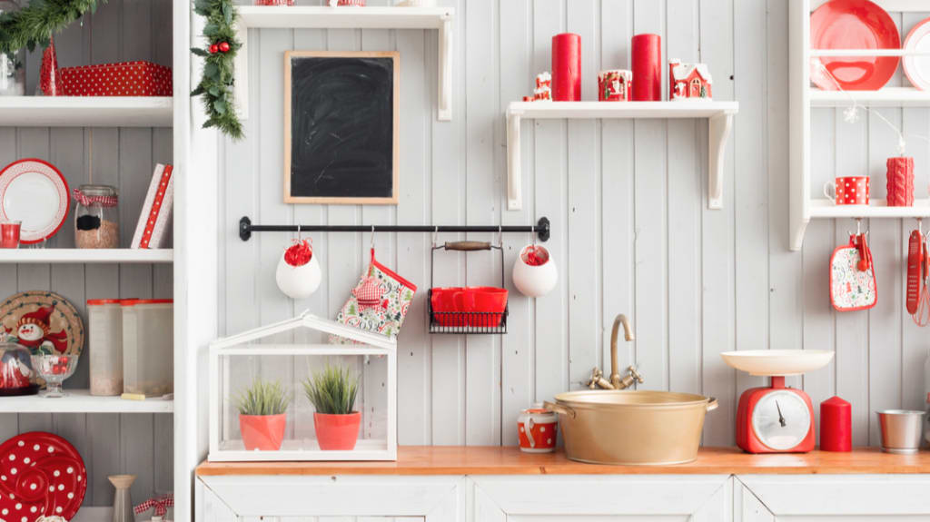 red farmhouse kitchen with christmas decorations