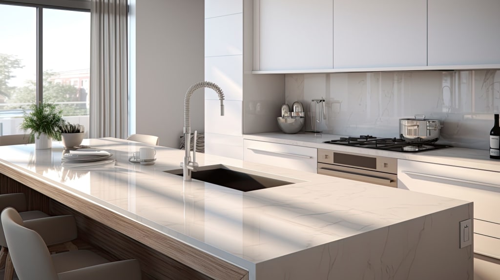Modern, contemporary kitchen with white walls, large, uncluttered island with center sink, pale-gray stove and cabinetry
