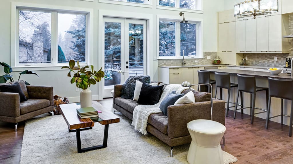 open concept floor plan with big windows