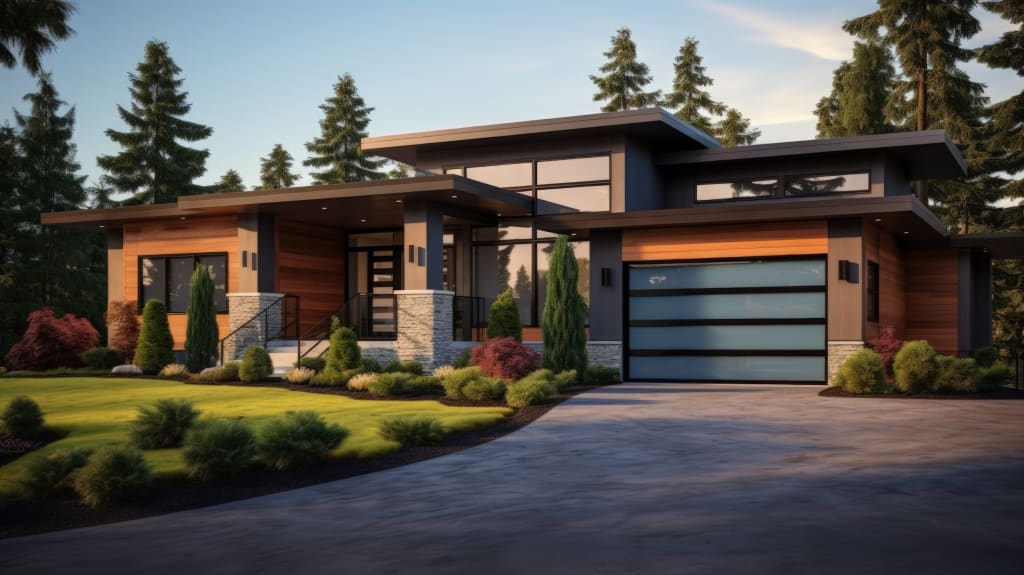 Maison mid-century avec toit plat et porte de garage en verre