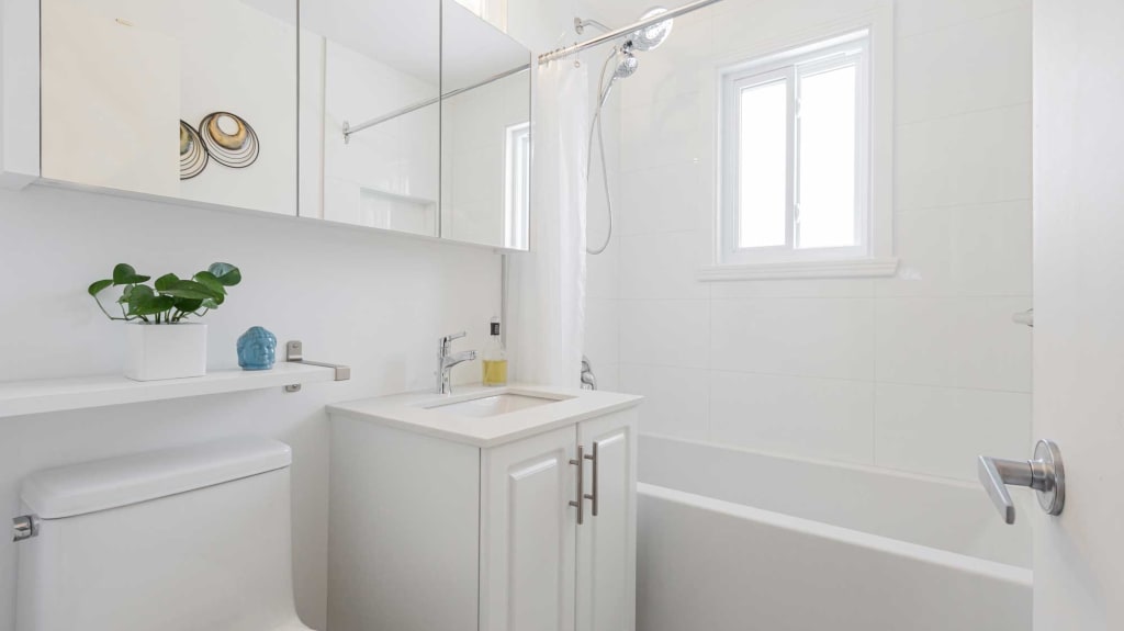 petite salle de bain moderne avec bain-douche et vanité blanche