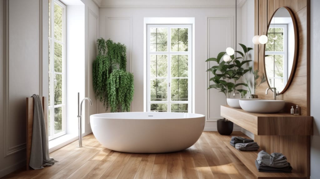 Salle de bain de style scandinave, plancher, pan de mur et meuble-lavabo en bois, baignoire autoportante et fenêtres à croisillons donnant sur nature verdoyante