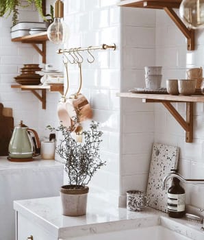 Vintage accessories on open shelves and backsplash bar