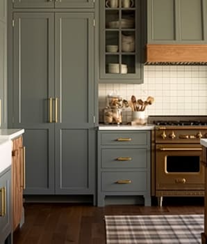 Modern, rustic kitchen with gold faucets, copper stove, tiled backsplash and island with marble countertop