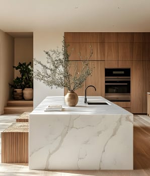 Kitchen with huge marble island, wood cabinets and black-framed windows 