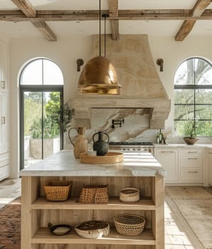 Bright country kitchen with arched door and window, copper accessories and white cabinets