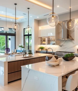 Spacious kitchen featuring two white marble islands with integrated drawers and glass pendant lights