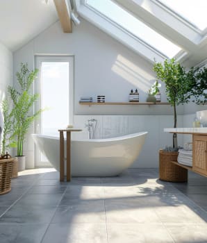 Grande salle de bain lumineuse incluant un panier en rotin et une armoire vitrée en bois avec accessoires