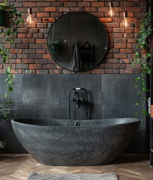 Salle de bain zen au style japandi incluant un mur de briques, des plantes suspendues et des accents noirs