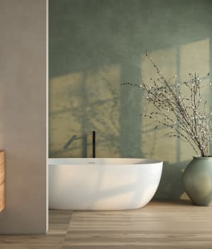 Mur vert artichaut vert menthe et parquet de bois dans un intérieur moderne