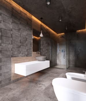 Salle de bain contemporaine aux tons sombres incluant des bandes lumineuses au plafond