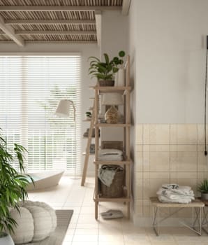 Salle de bain nature garnie de plantes avec une étagère ouverte, une vanité suspendue et un petit miroir rond