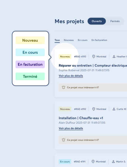 Interface de gestion de projets avec menu latéral et statuts colorés : Nouveau, En cours, En facturation, Terminé. Deux projets listés avec numéro, type, client, localisation et date.