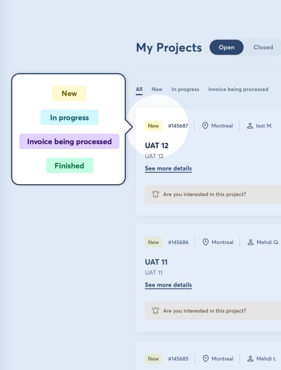 Project management interface with sidebar and colored status tags: New, In progress, Billing, Completed. Two projects listed with ID, type, client, location, and date.