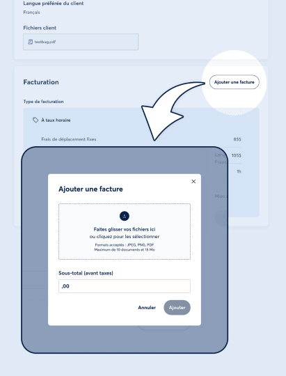 Interface d’ajout de facture avec bouton "Ajouter une facture" ouvrant une fenêtre modale. Celle-ci propose le glisser-déposer de fichiers, un champ de sous-total avant taxes, et les boutons "Annuler" et "Ajouter".
