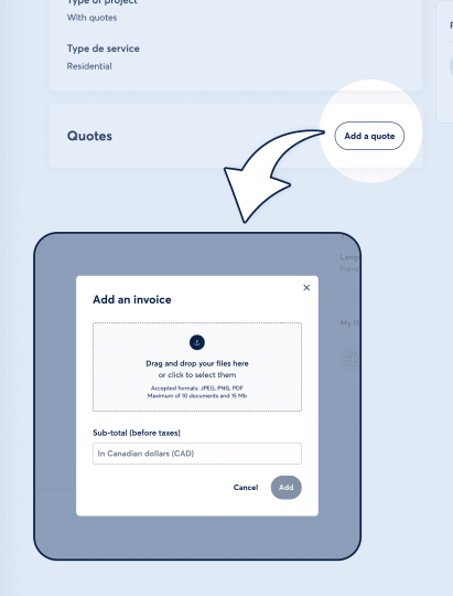 Invoice creation interface with “Add an invoice” button opening a modal window. It includes drag-and-drop instructions, a subtotal field before taxes, and “Cancel” and “Add” buttons.