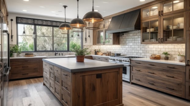 Wood-cabineted cottage kitchen with central island