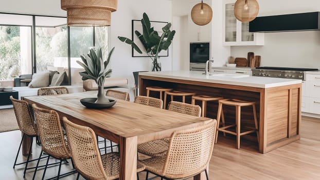 Wooden furniture and wicker lamps in a boho-style kitchen and dining room