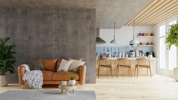 Concrete wall separating living room from kitchen 