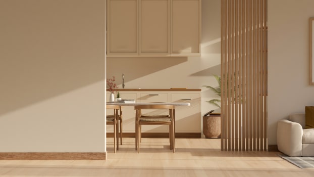 Kitchen behind wooden partitions in a Scandinavian-style interior