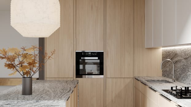 A mix of materials in a kitchen with beige and grey tones