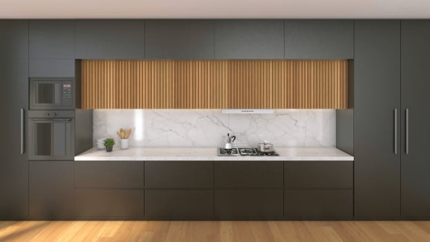 Wooden floor, black cabinets, marble countertop and oak-grooved panels