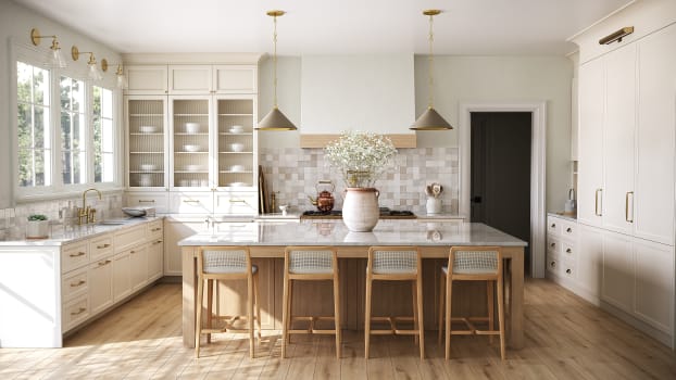 Classic kitchen with glass cabinets on countertop and large decorative vase on island