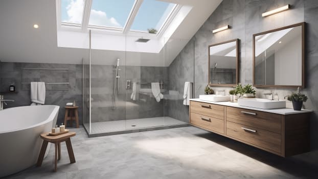 Salle de bain dans les tons de gris et de brun avec grand puits de lumière