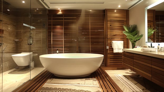 Salle de bain thérapeutique avec lattes de bois foncé