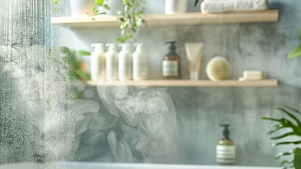 Baignoire avec vapeur et produits de bain sur tablette
