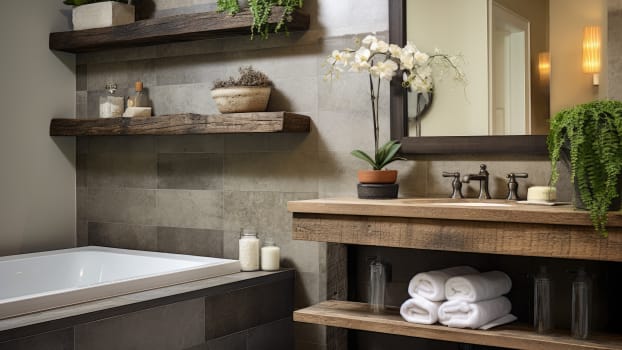 Plantes et serviettes sur étagères ouvertes en bois dans une salle de bain biophilique