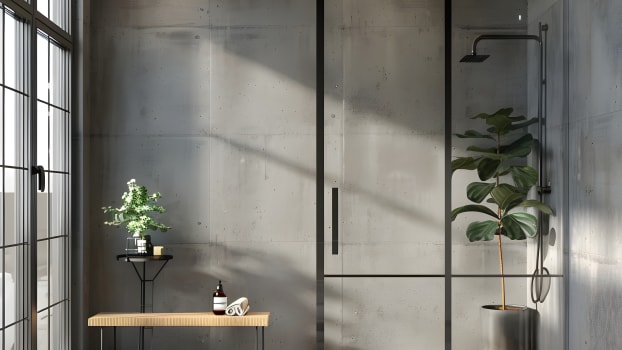 Douche élégante vitrée et murs de salle de bain recouverts de béton