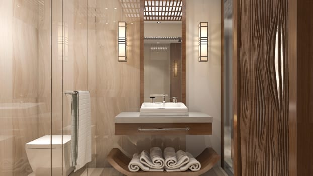 Salle de bain moderne avec grosse armoire en bois