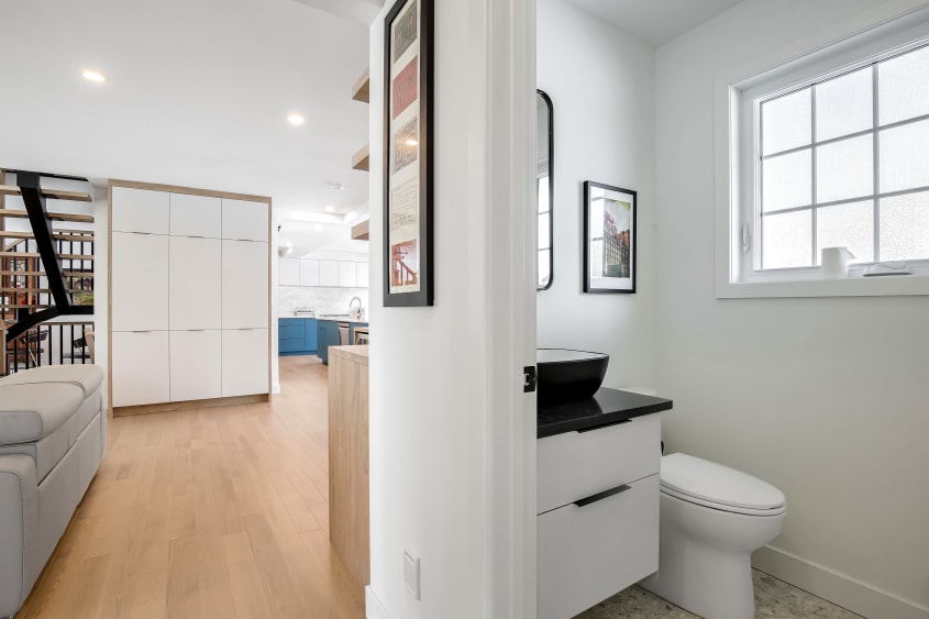 Modern bathroom off the living room