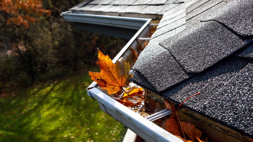 Toit de maison en bardeaux et gouttières remplies de feuilles