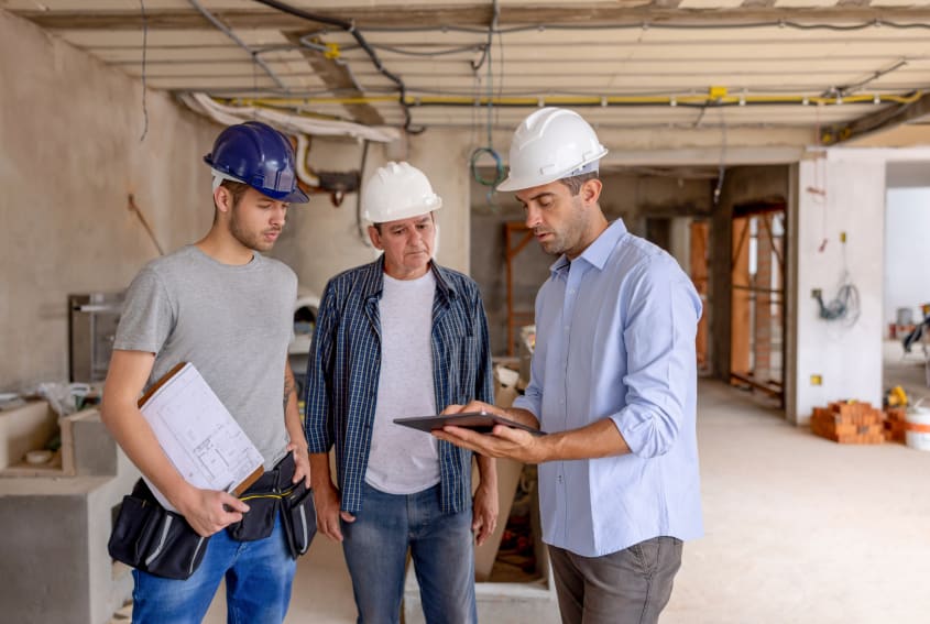 Entrepreneur et inspecteur municipal sur un chantier de rénovation résidentielle