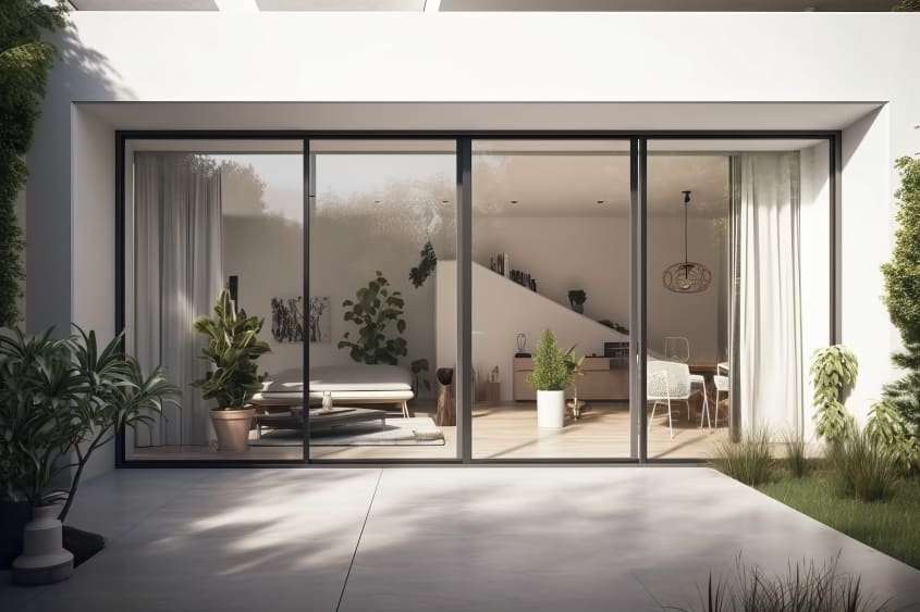Portes-fenêtres coulissantes à quatre panneaux, avec vue sur un intérieur contemporain décoré de plusieurs plantes vertes