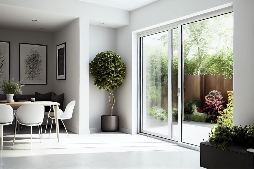 Salle à manger à mobilier blanc et portes coulissantes ouvertes sur un petit patio et un jardin d’arbustes