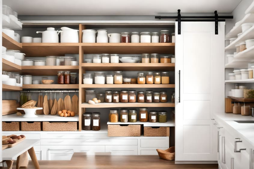 Garde-manger avec étagères ouvertes, contenants étiquetés et porte de grange coulissante blanche